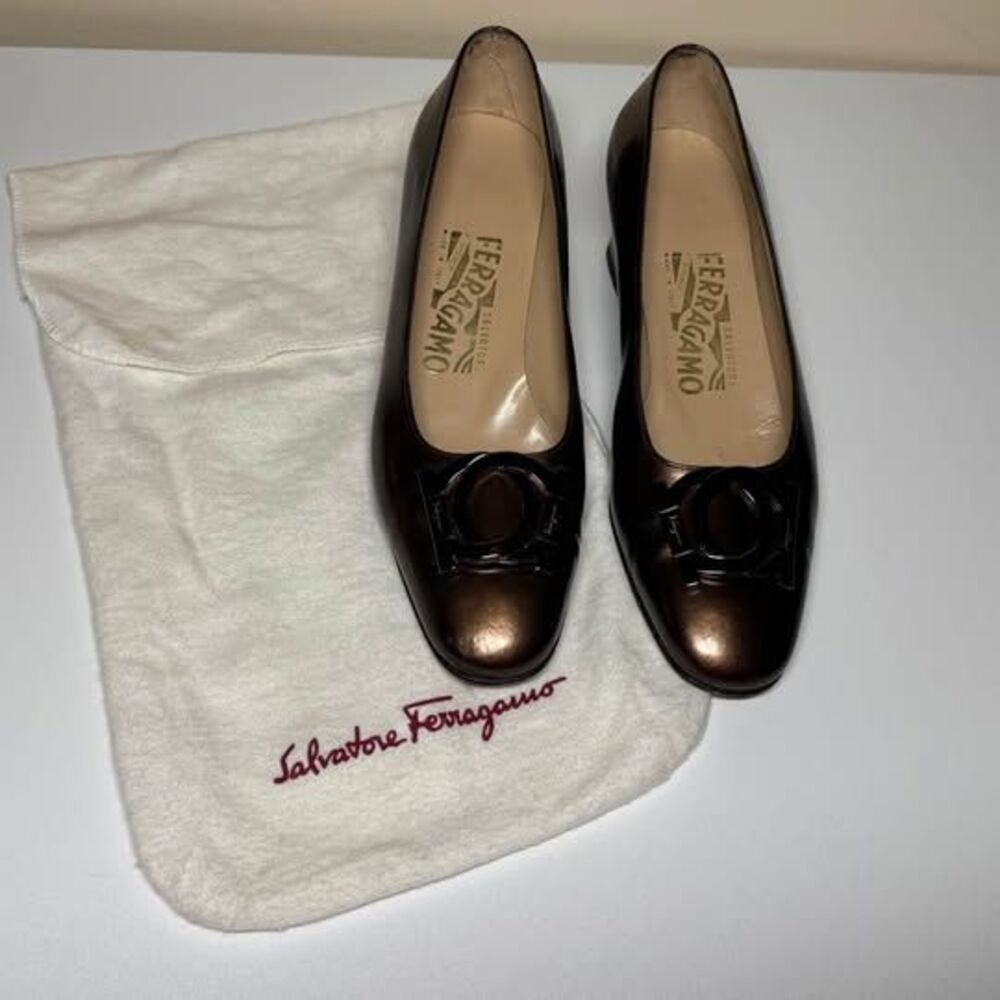 Salvatore Ferragamo Metallic Bronze Gancini Block Heel Pumps - Size 6B